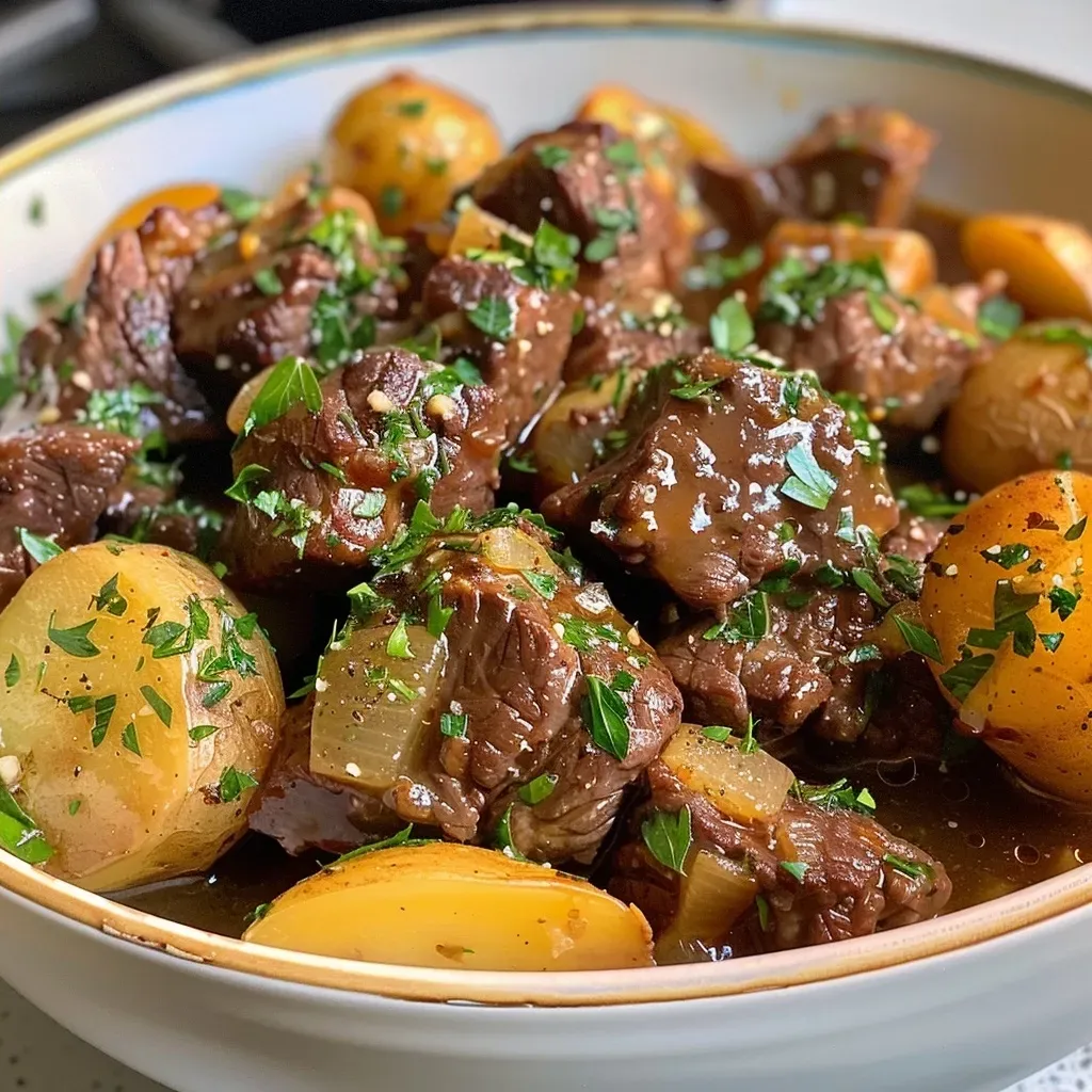 ['Close-up view of juicy garlic butter beef bites with baby potatoes on a wooden table.', 'Side view of tender beef pieces coated in garlic butter, served with halved baby potatoes.', 'Juicy Slow Cooker Garlic Butter Beef Bites in a rich sauce, showcased on a rustic surface.', 'Deliciously cooked beef bites and potatoes glistening with garlic butter, captured from a side angle.']