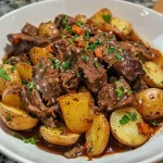 ['Close-up view of a juicy slow cooker garlic butter beef dish with potatoes, garnished with parsley.', 'Succulent chunks of beef and halved baby Yukon Gold potatoes in a rich garlic butter sauce.', 'A delicious serving of slow-cooked beef and potatoes, highlighted by melted butter and herbs.', 'Side view of tender beef chuck roast and potatoes in a savory garlic butter sauce, topped with fresh parsley.']