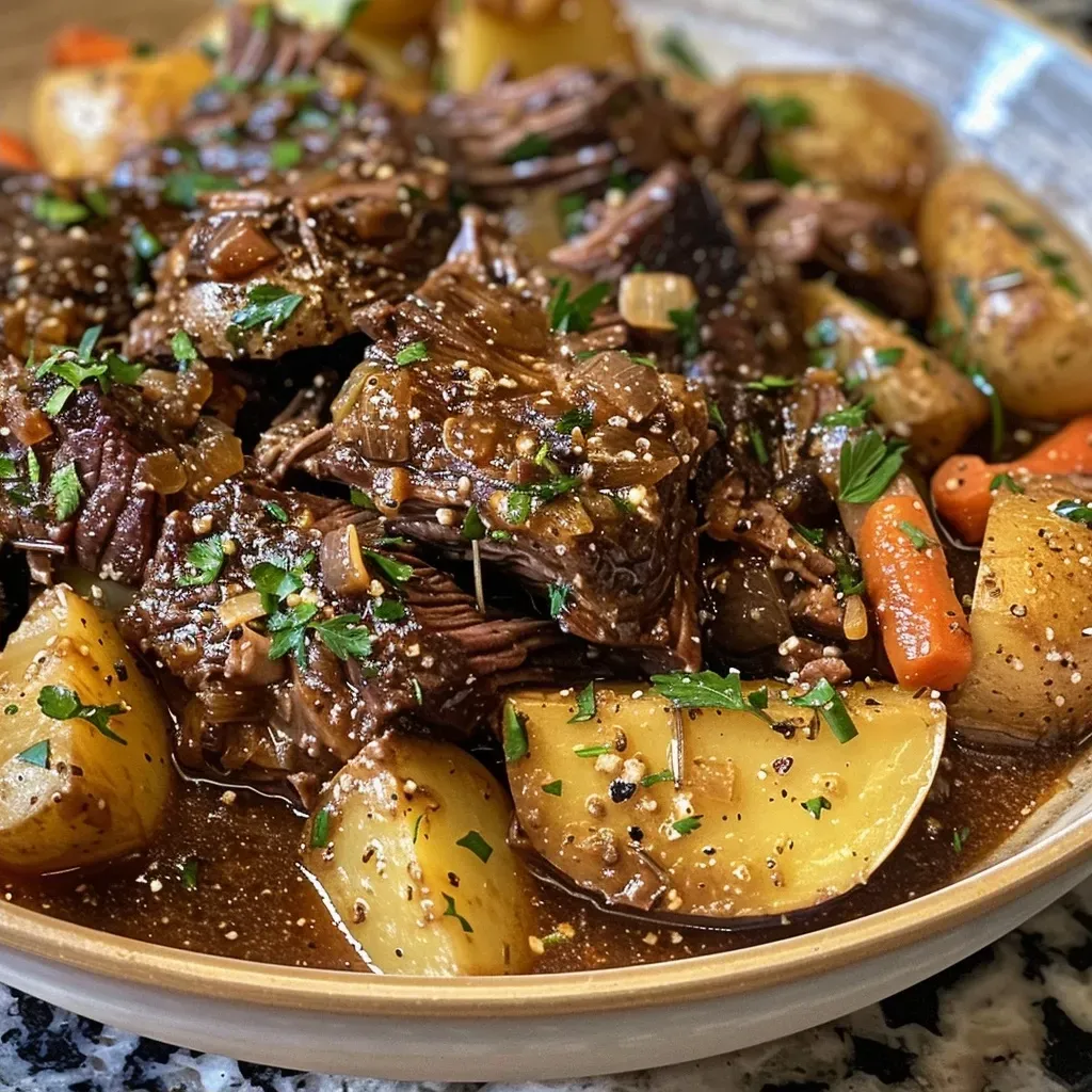 ['Close-up view of a juicy slow cooker garlic butter beef dish with potatoes, garnished with parsley.', 'Succulent chunks of beef and halved baby Yukon Gold potatoes in a rich garlic butter sauce.', 'A delicious serving of slow-cooked beef and potatoes, highlighted by melted butter and herbs.', 'Side view of tender beef chuck roast and potatoes in a savory garlic butter sauce, topped with fresh parsley.']