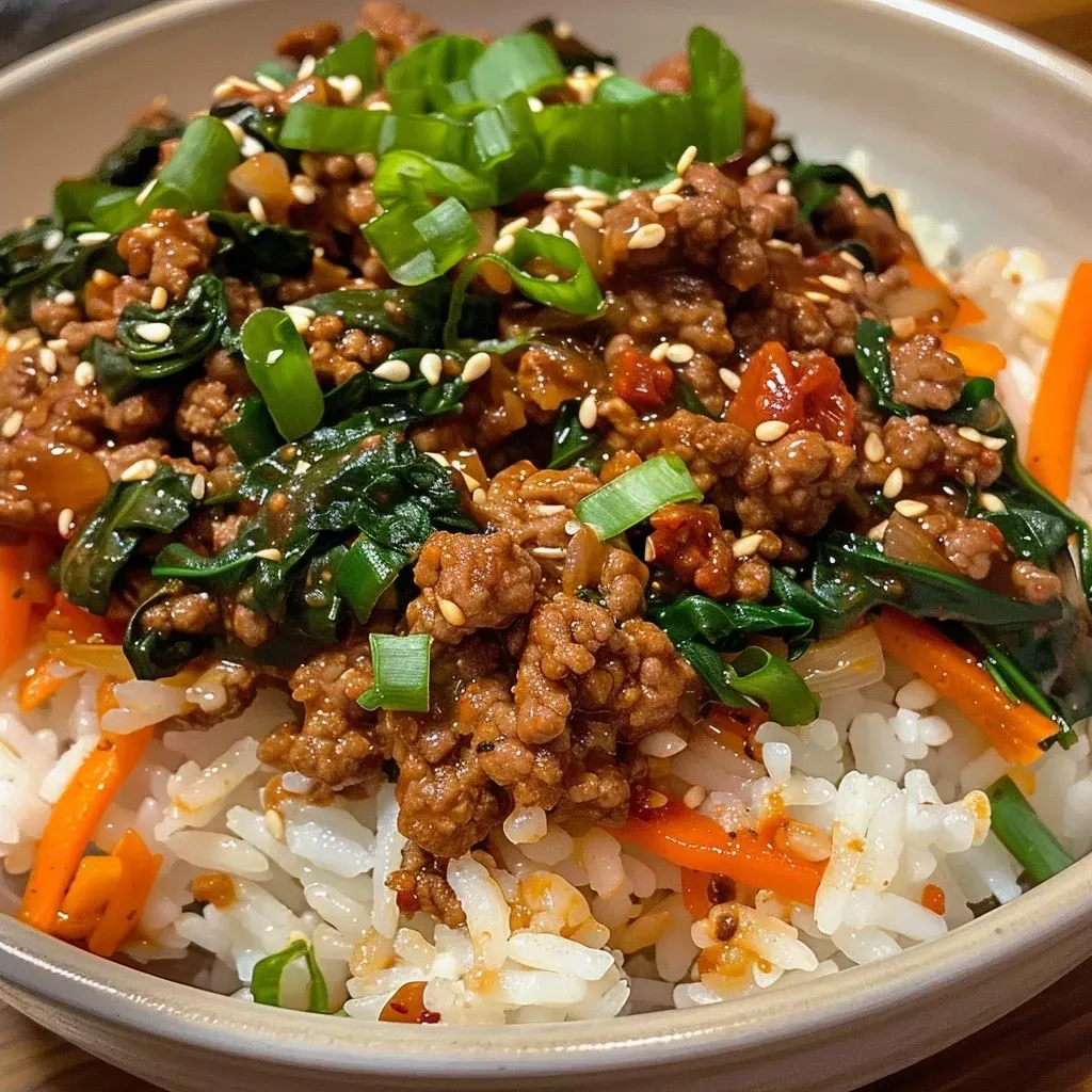 ['A close-up side view of a bowl filled with Slow Cooker Korean Beef Spinach Rice, showcasing vibrant colors and textures.', 'A detailed image of Slow Cooker Korean Beef Spinach Rice, featuring juicy beef, spinach, and colorful vegetables.', 'An appetizing side view of Slow Cooker Korean Beef Spinach Rice in a bowl, highlighting its rich ingredients.', 'A close-up shot of a delicious bowl of Slow Cooker Korean Beef Spinach Rice, emphasizing its hearty components.']