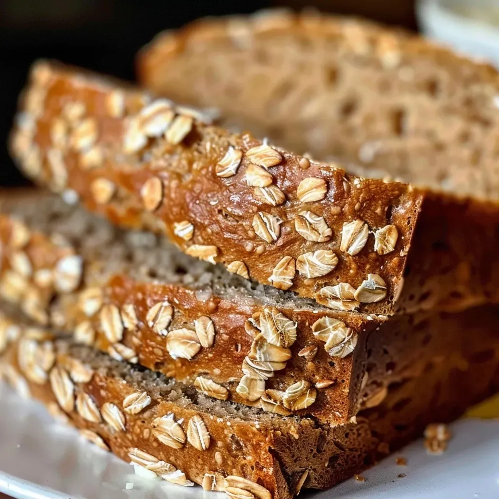 ['A close-up side view of soft oatmeal bread with a golden crust.', 'Juicy, freshly baked oatmeal bread, showcasing its tender texture.', 'Soft, warm oatmeal bread with visible rolled oats on top captured from the side.', 'Detailed side view of fluffy oatmeal bread highlighting its creamy color and crust.']
