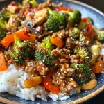 ['A close-up of a bowl filled with spicy ground beef stir-fry topped with colorful garlic vegetables.', 'Juicy ground beef stir-fry with broccoli, bell pepper, zucchini, and mushrooms in a white rice bowl.', 'A vibrant stir-fry bowl featuring ground beef, roasted garlic veggies, and sesame oil drizzled on top.', 'Side view of a savory stir-fry bowl showcasing ground beef and fresh vegetables, garnished with chili flakes.']
