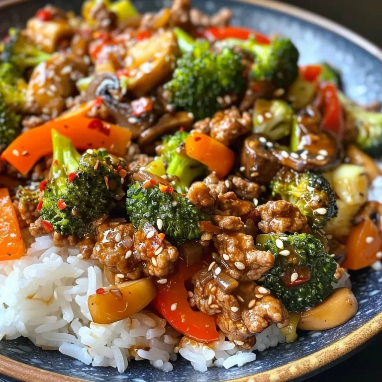 ['A close-up of a bowl filled with spicy ground beef stir-fry topped with colorful garlic vegetables.', 'Juicy ground beef stir-fry with broccoli, bell pepper, zucchini, and mushrooms in a white rice bowl.', 'A vibrant stir-fry bowl featuring ground beef, roasted garlic veggies, and sesame oil drizzled on top.', 'Side view of a savory stir-fry bowl showcasing ground beef and fresh vegetables, garnished with chili flakes.']