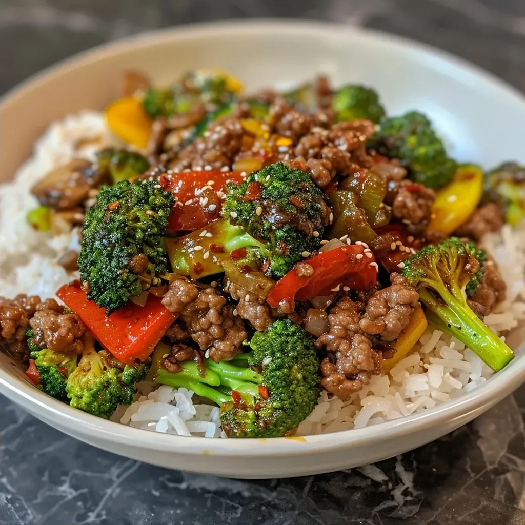 ['A close-up of a bowl filled with spicy ground beef stir-fry topped with colorful garlic vegetables.', 'Juicy ground beef stir-fry with broccoli, bell pepper, zucchini, and mushrooms in a white rice bowl.', 'A vibrant stir-fry bowl featuring ground beef, roasted garlic veggies, and sesame oil drizzled on top.', 'Side view of a savory stir-fry bowl showcasing ground beef and fresh vegetables, garnished with chili flakes.']