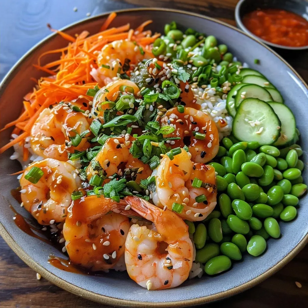 ['A side view of a spicy shrimp rice bowl garnished with vegetables.', 'Close-up image of a vibrant shrimp rice bowl with diced cucumbers and edamame.', 'Juicy shrimp served over rice with colorful vegetables in a bowl.', 'A delicious shrimp rice bowl featuring shrimp, carrots, and a drizzle of sriracha mayo.']