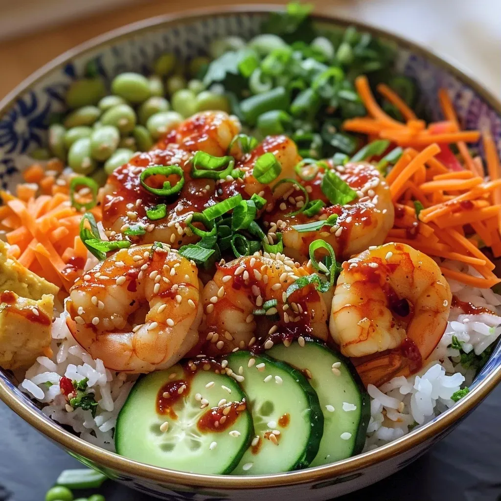 ['Close-up view of a vibrant Spicy Shrimp Rice Bowl with fresh shrimp, rice, and colorful vegetables.', 'A delicious Spicy Shrimp Rice Bowl showcasing shrimp, edamame, and garnishes in a bowl.', 'Side view of a Spicy Shrimp Rice Bowl filled with shrimp, rice, and a variety of fresh toppings.', 'Detailed close-up of a Spicy Shrimp Rice Bowl, highlighting shrimp, vegetables, and sauces.']