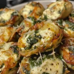 ['Close-up of crispy Spinach Ricotta Bites with a golden exterior.', 'Side view of Spinach Ricotta Bites showcasing a rich filling and crispy texture.', 'Juicy Spinach Ricotta Bites arranged on a plate, emphasizing their delicious green filling.', 'Detailed view of Spinach Ricotta Bites highlighting the melted cheeses and spinach.']