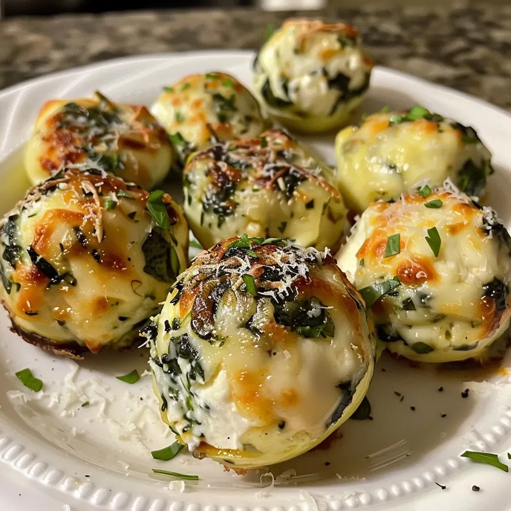 ['Close-up of crispy Spinach Ricotta Bites with a golden exterior.', 'Side view of Spinach Ricotta Bites showcasing a rich filling and crispy texture.', 'Juicy Spinach Ricotta Bites arranged on a plate, emphasizing their delicious green filling.', 'Detailed view of Spinach Ricotta Bites highlighting the melted cheeses and spinach.']
