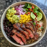 ['A close-up side view of a vibrant Steak Burrito Bowl filled with ingredients.', 'A colorful Steak Burrito Bowl showcasing steak, rice, beans, and fresh toppings.', 'A detailed image of a delicious Steak Burrito Bowl, highlighting its various ingredients.', 'A side view of a hearty Steak Burrito Bowl with layers of steak, veggies, and condiments.']
