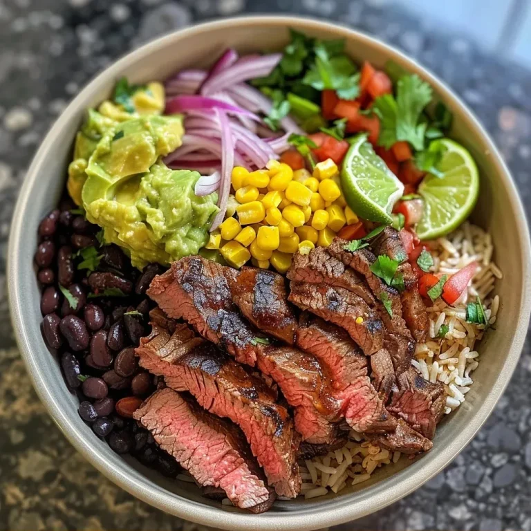 ['A close-up side view of a vibrant Steak Burrito Bowl filled with ingredients.', 'A colorful Steak Burrito Bowl showcasing steak, rice, beans, and fresh toppings.', 'A detailed image of a delicious Steak Burrito Bowl, highlighting its various ingredients.', 'A side view of a hearty Steak Burrito Bowl with layers of steak, veggies, and condiments.']