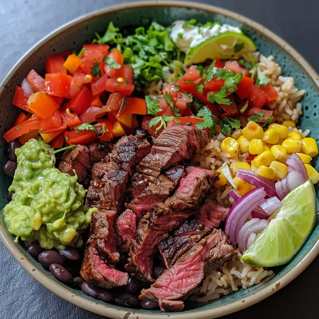 ['A close-up side view of a vibrant Steak Burrito Bowl filled with ingredients.', 'A colorful Steak Burrito Bowl showcasing steak, rice, beans, and fresh toppings.', 'A detailed image of a delicious Steak Burrito Bowl, highlighting its various ingredients.', 'A side view of a hearty Steak Burrito Bowl with layers of steak, veggies, and condiments.']