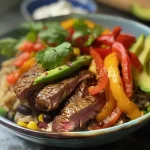 ['Close-up view of a colorful steak fajita power bowl with various toppings.', 'Side angle of a bowl filled with steak fajitas, rice, and fresh vegetables.', 'Juicy steak fajita bowl featuring sliced avocado and black beans.', 'Vibrant power bowl showcasing cooked brown rice, steak, and peppers.']
