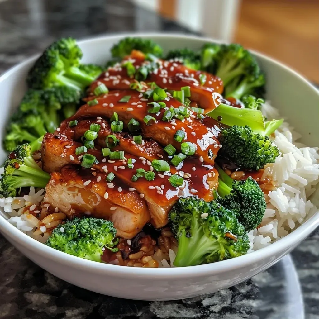 ['A close-up view of a Sticky Chicken Bowl with rice, broccoli, and glazed chicken.', 'Juicy chicken pieces atop a bed of rice and broccoli, drizzled with a glossy sauce.', 'A vibrant bowl filled with cooked rice, chicken, and green broccoli, served in a rustic dish.', 'An appetizing Sticky Chicken Bowl featuring colorful ingredients and a shiny sauce.']