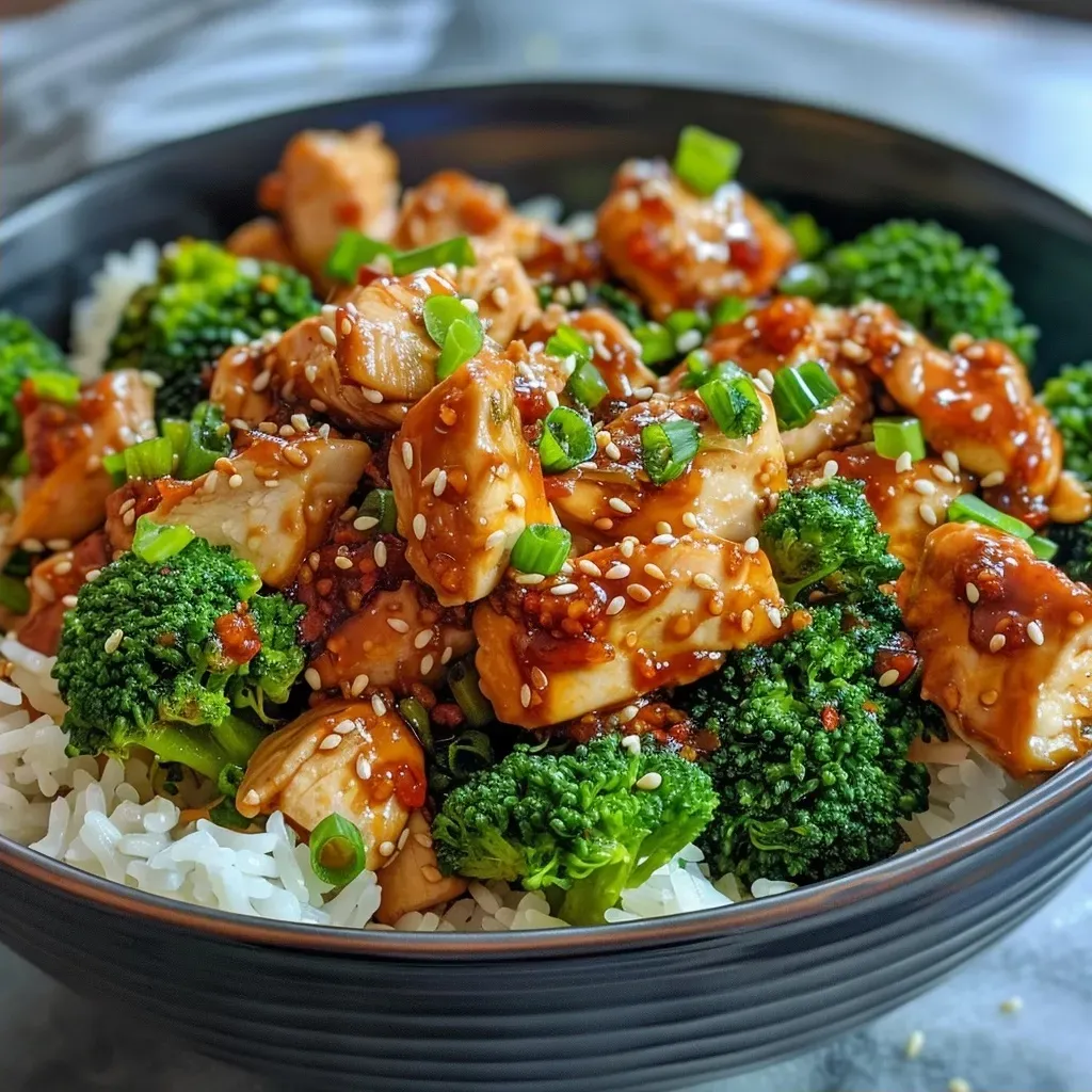 A close-up view of a Sticky Chicken Bowl with rice, broccoli, and glazed chicken.