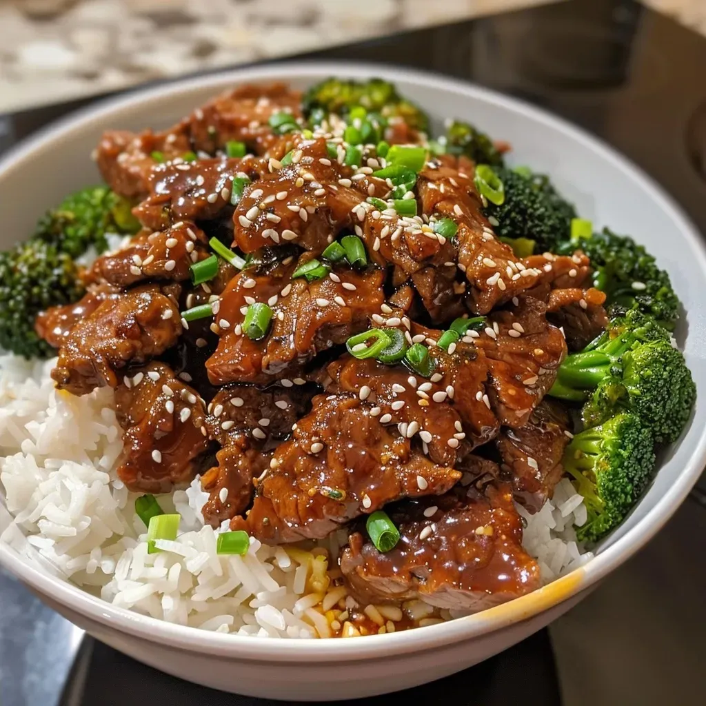 A close-up view of a Sticky Honey Garlic Beef and Broccoli Bowl with vibrant colors and textures.