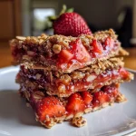 ['A close-up side view of Strawberry Almond Oat Bars with visible strawberry chunks and almond flakes.', 'Juicy Strawberry Almond Oat Bars displayed on a plate, showcasing a golden-brown crust.', 'A detailed side view of Strawberry Almond Oat Bars highlighting the layers of oats and strawberries.', 'A vibrant close-up of Strawberry Almond Oat Bars featuring a moist and crumbly texture.']