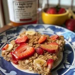 ['Close-up of a slice of Strawberry Banana Bread Baked Oatmeal with vibrant strawberries and banana pieces visible.', 'Side view of Strawberry Banana Bread Baked Oatmeal highlighting its moist texture and colorful fruit toppings.', 'A delicious looking piece of baked oatmeal featuring strawberries and bananas, showcasing a golden-brown crust.', 'Close-up image of baked oatmeal displaying chunks of strawberries and bananas, with a soft and fluffy appearance.']