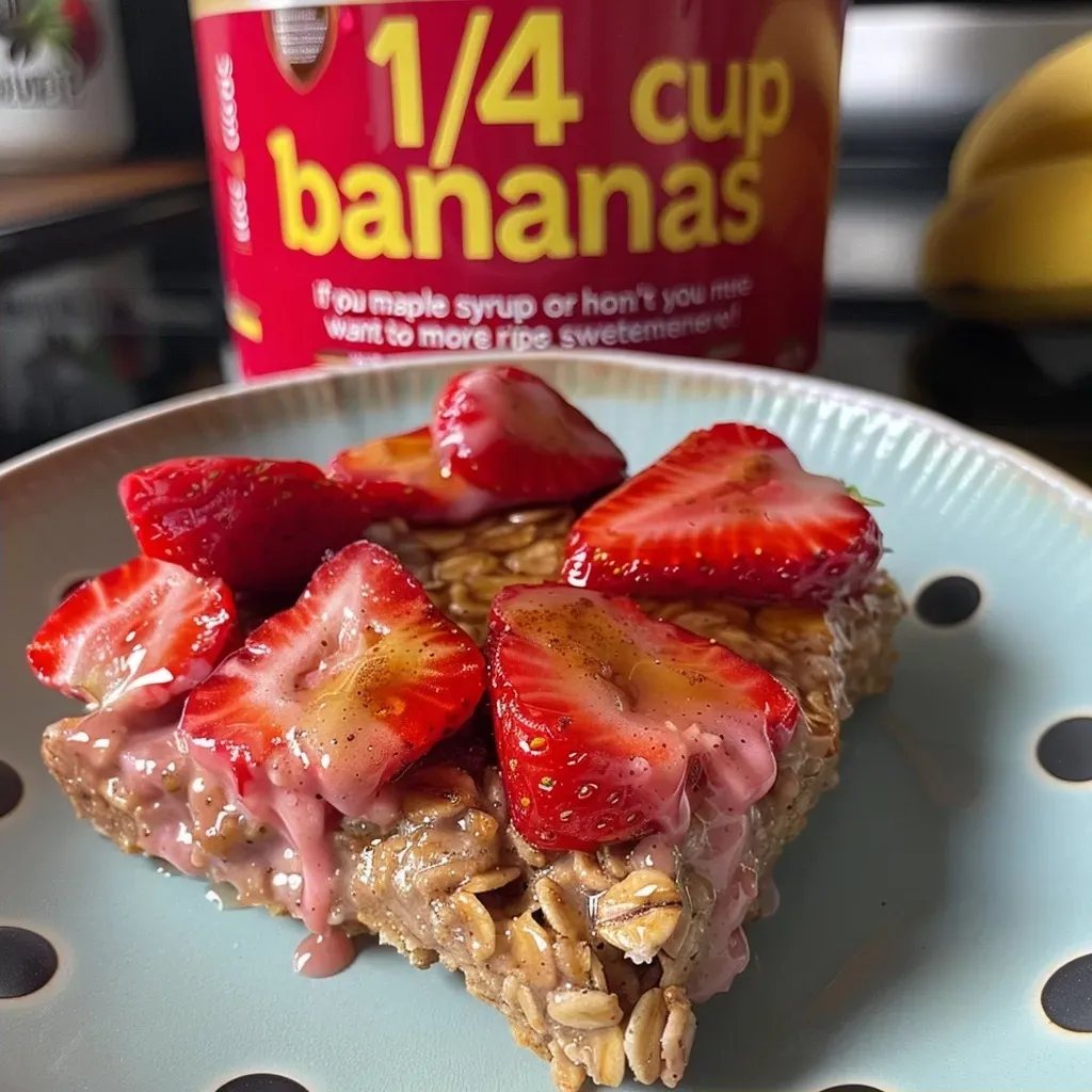 ['Close-up of a slice of Strawberry Banana Bread Baked Oatmeal with vibrant strawberries and banana pieces visible.', 'Side view of Strawberry Banana Bread Baked Oatmeal highlighting its moist texture and colorful fruit toppings.', 'A delicious looking piece of baked oatmeal featuring strawberries and bananas, showcasing a golden-brown crust.', 'Close-up image of baked oatmeal displaying chunks of strawberries and bananas, with a soft and fluffy appearance.']