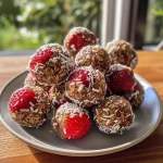 ['Close-up side view of Strawberry Bliss Balls on a white plate, showcasing their texture and color.', 'Juicy Strawberry Bliss Balls arranged beautifully, with a focus on their coating of desiccated coconut.', 'A side view of homemade Strawberry Bliss Balls, highlighting their vibrant strawberry color and rolled coconut exterior.', 'Delicious Strawberry Bliss Balls on a rustic wooden surface, emphasizing their round shape and natural ingredients.']