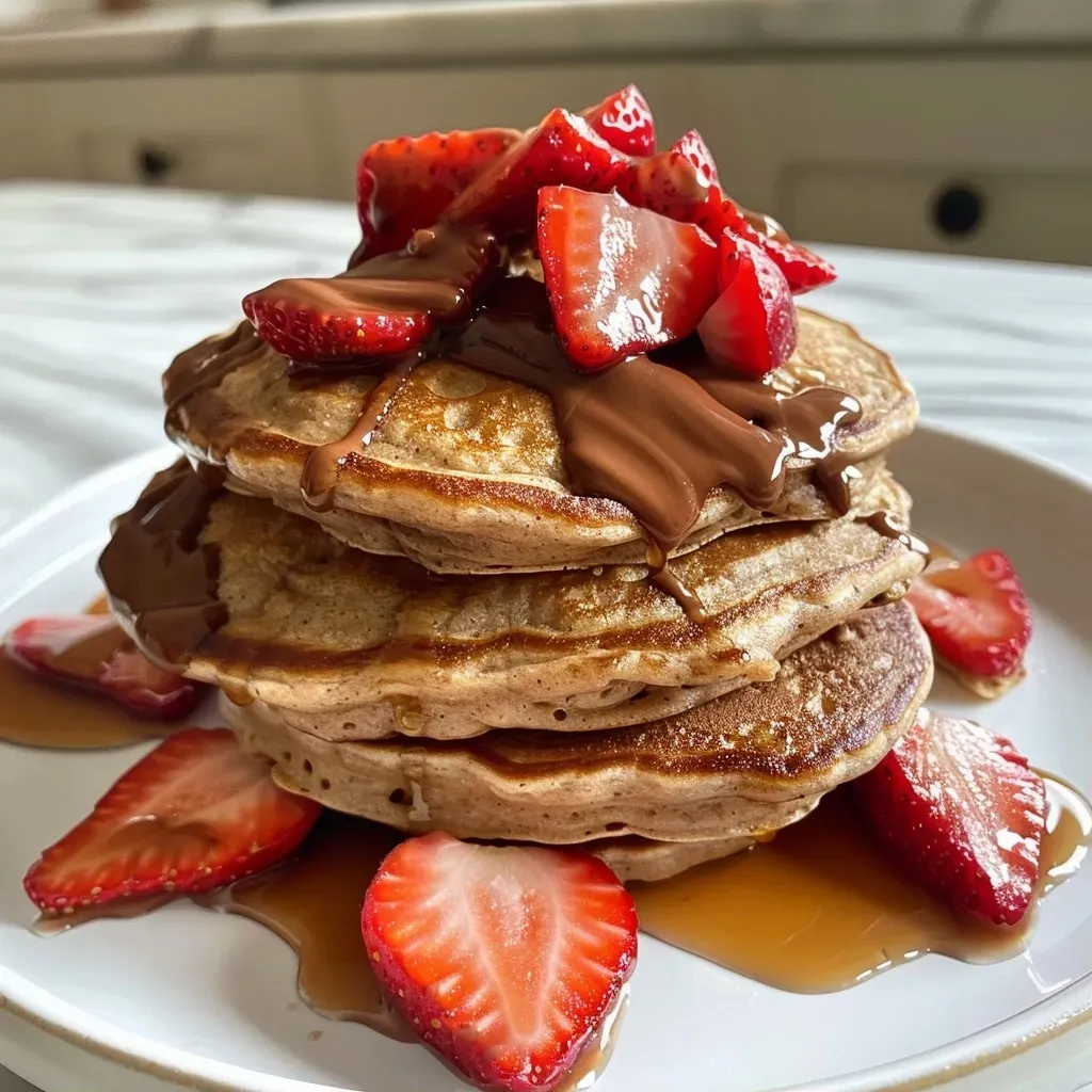 Close-up of a bowl filled with strawberry Nutella protein pancakes, garnished with fresh strawberries.
