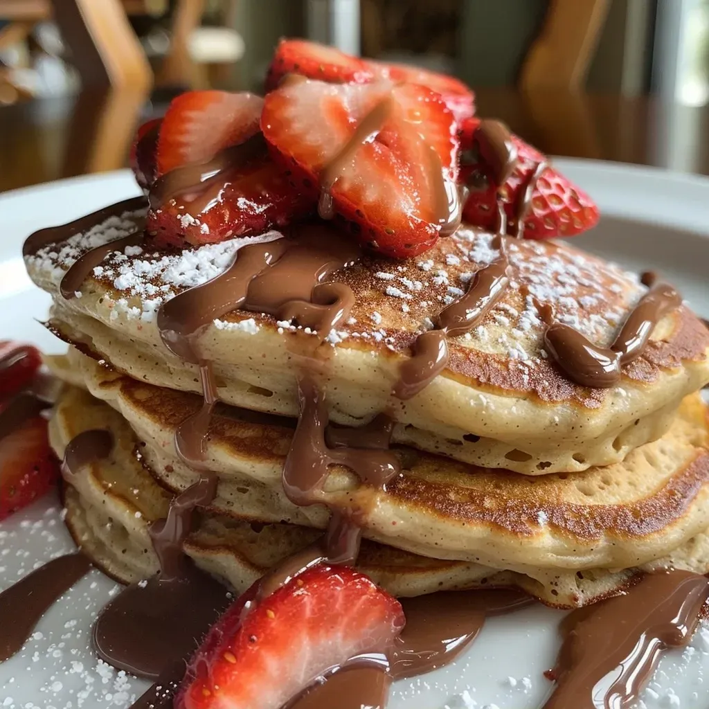 Close-up of a bowl filled with strawberry Nutella protein pancakes, garnished with fresh strawberries.