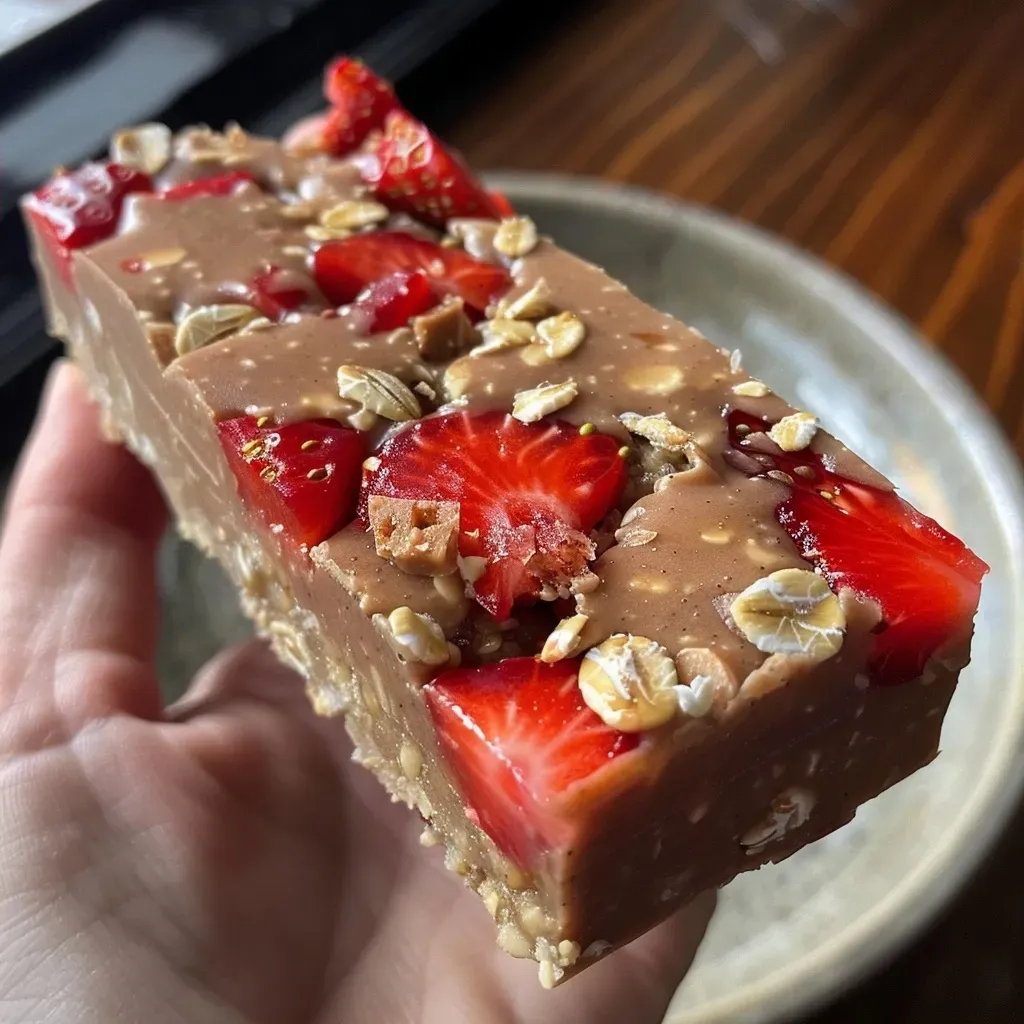 ['Close-up side view of a strawberry protein bar on a white background.', 'Juicy strawberry protein bar with a textured surface, featuring bits of strawberries.', 'Side profile of a vibrant strawberry protein bar with visible crushed strawberry pieces.', 'Detailed view of a protein bar showcasing a pink hue and a sprinkle of crushed strawberries.']