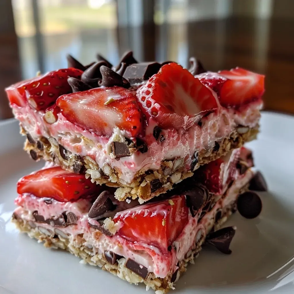 ['Close-up view of a Strawberry Yogurt Bar with fresh strawberries and chocolate chips.', 'Side view of a delicious Strawberry Yogurt Bar, showcasing its creamy texture and fruity toppings.', 'Juicy Strawberry Yogurt Bar presented with a vibrant mix of strawberries and chocolate chips.', 'Detail of a homemade Strawberry Yogurt Bar, revealing layers of yogurt and fruit.']