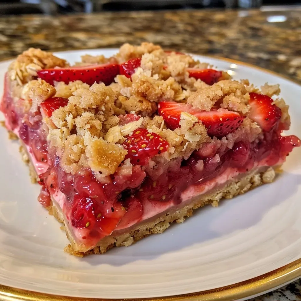 ['Close-up view of a layered strawberry yogurt crumb bar on a plate.', 'Side view of delicious strawberry yogurt crumb bars with fresh strawberries.', 'Showcase of juicy strawberry yogurt crumb bars with crumb topping.', 'Appetizing strawberry yogurt crumb bars displayed on a wooden table.']