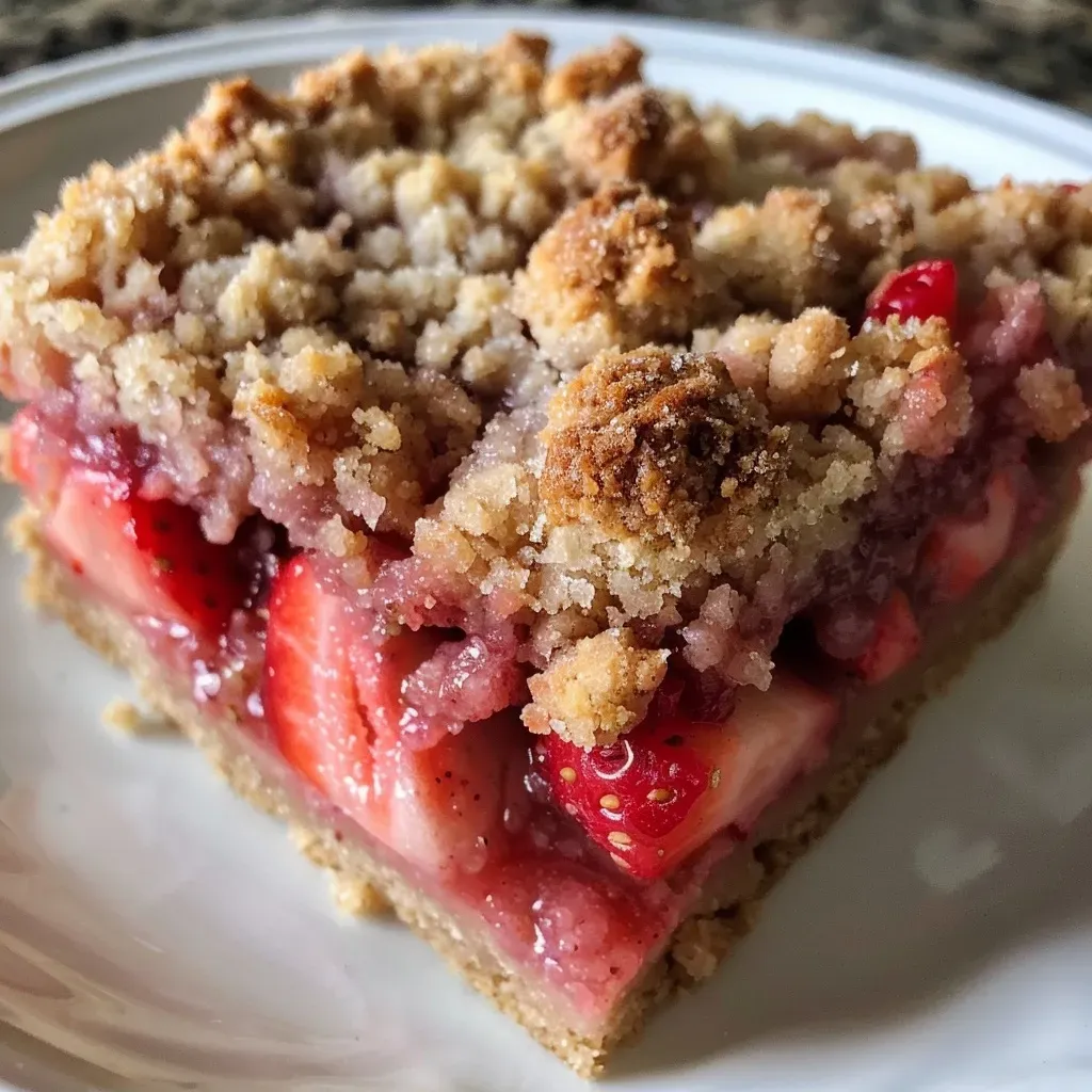 Close-up view of a layered strawberry yogurt crumb bar on a plate.