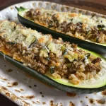 ['Close-up side view of stuffed zucchini filled with ground beef and rice, topped with melted cheese.', 'Juicy stuffed zucchini with a golden-brown cheese crust, showcasing the ground beef and rice filling.', 'A delicious serving of stuffed zucchini, revealing the savory ground beef and rice mixture inside.', 'Side view of a baked stuffed zucchini, beautifully garnished with melted mozzarella and parmesan cheese.']