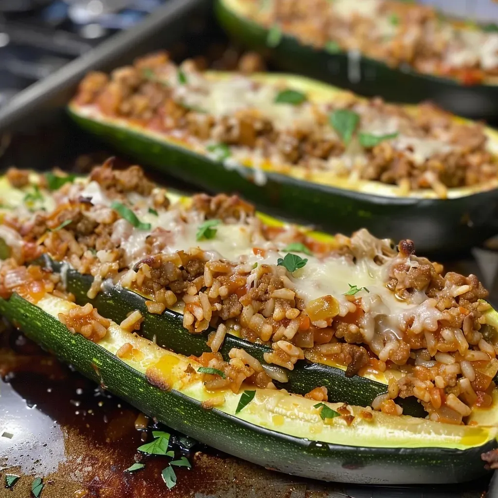 Close-up side view of stuffed zucchini filled with ground beef and rice, topped with melted cheese.