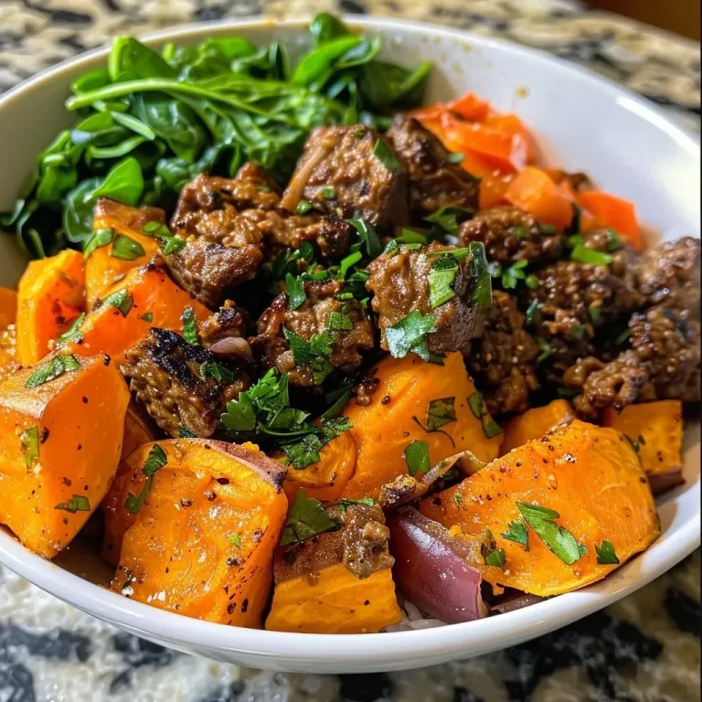 ['Close-up view of a Sweet Potato Beef Bowl with vibrant ingredients.', 'Side view of a colorful Sweet Potato Beef Bowl showcasing layers of beef and sweet potatoes.', 'Juicy Sweet Potato Beef Bowl filled with ground beef, sweet potatoes, and fresh spinach.', 'Delicious Sweet Potato Beef Bowl highlighting diced sweet potatoes and seasoned beef.']