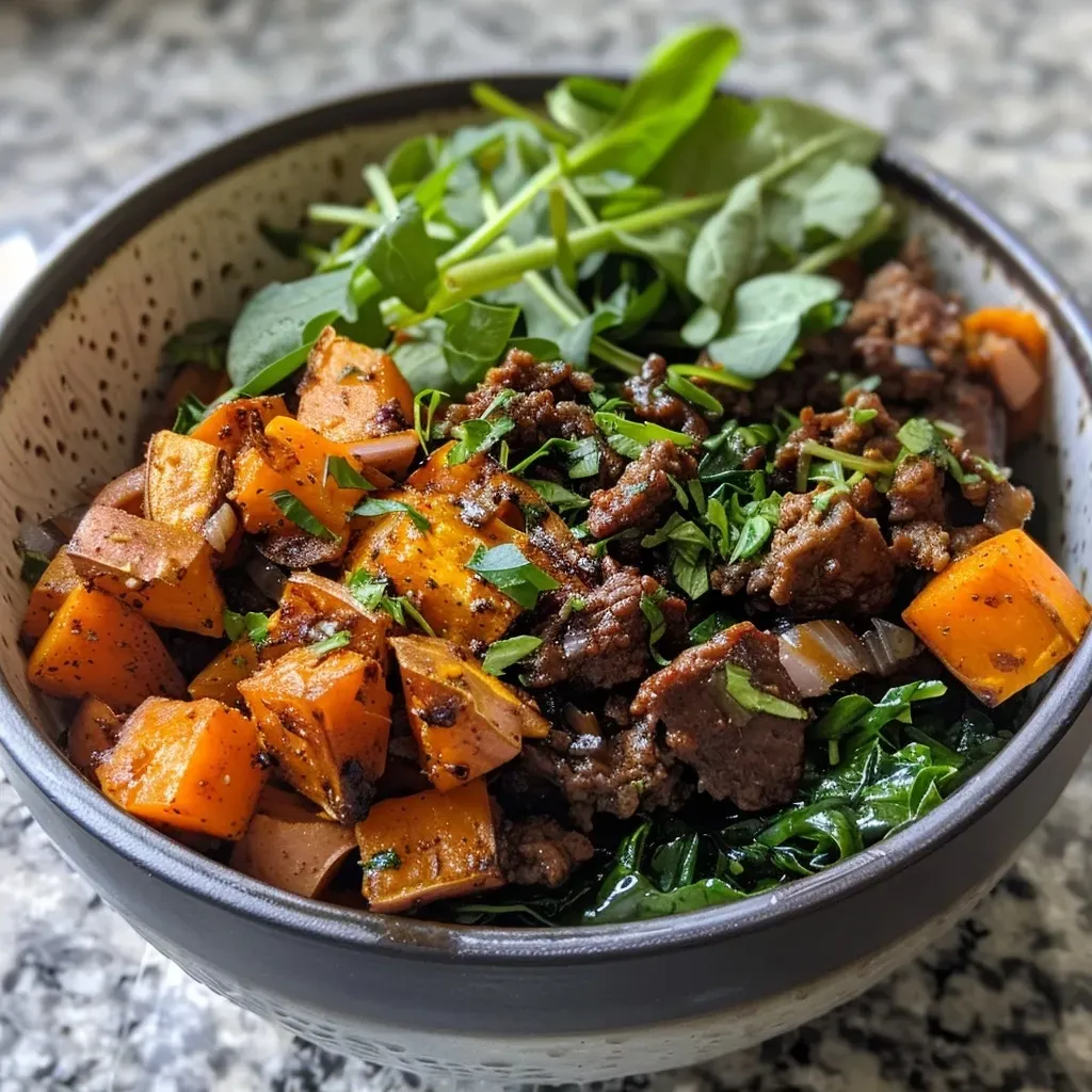 ['Close-up view of a Sweet Potato Beef Bowl with vibrant ingredients.', 'Side view of a colorful Sweet Potato Beef Bowl showcasing layers of beef and sweet potatoes.', 'Juicy Sweet Potato Beef Bowl filled with ground beef, sweet potatoes, and fresh spinach.', 'Delicious Sweet Potato Beef Bowl highlighting diced sweet potatoes and seasoned beef.']