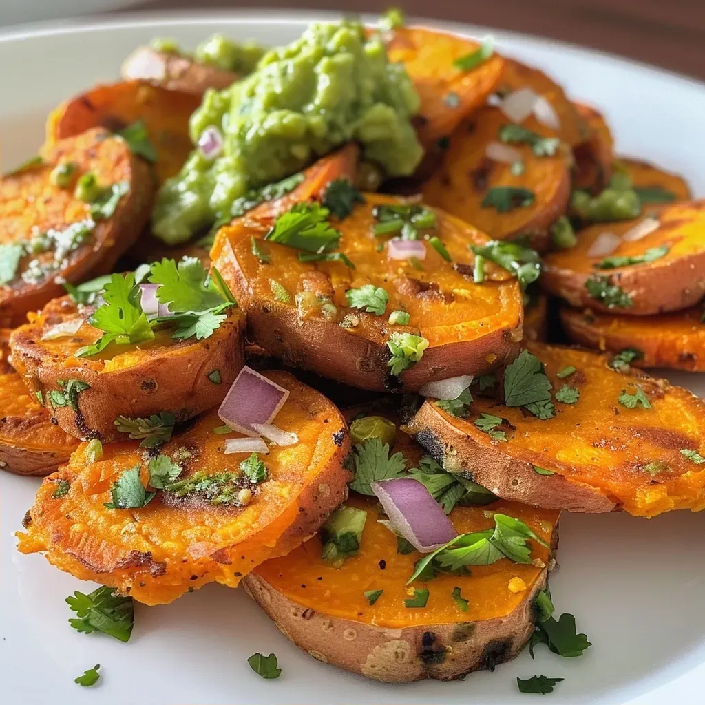['Close-up of golden-brown Sweet Potato Bites garnished with cilantro and served with guacamole.', 'Side view of crispy Sweet Potato Bites arranged on a plate with a bowl of Mexican hot sauce.', 'Juicy Sweet Potato Bites topped with minced red onion and corn, displayed with a sauce on the side.', 'An appetizing shot of Sweet Potato Bites highlighting their texture, accompanied by avocado sauce.']