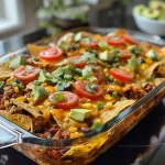 ['Juicy taco casserole with layers of tortilla chips, ground beef, and colorful toppings.', 'Close-up of a delicious taco casserole featuring melted cheese and fresh vegetables.', 'A side view of taco casserole showcasing its hearty ingredients and garnish.', 'Colorful taco casserole served in a dish, highlighting its textures and vibrant toppings.']