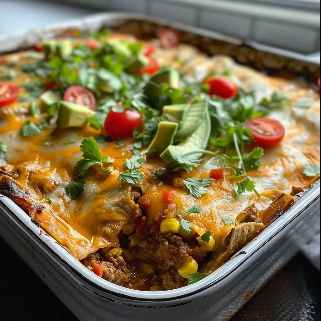 ['Juicy taco casserole with layers of tortilla chips, ground beef, and colorful toppings.', 'Close-up of a delicious taco casserole featuring melted cheese and fresh vegetables.', 'A side view of taco casserole showcasing its hearty ingredients and garnish.', 'Colorful taco casserole served in a dish, highlighting its textures and vibrant toppings.']
