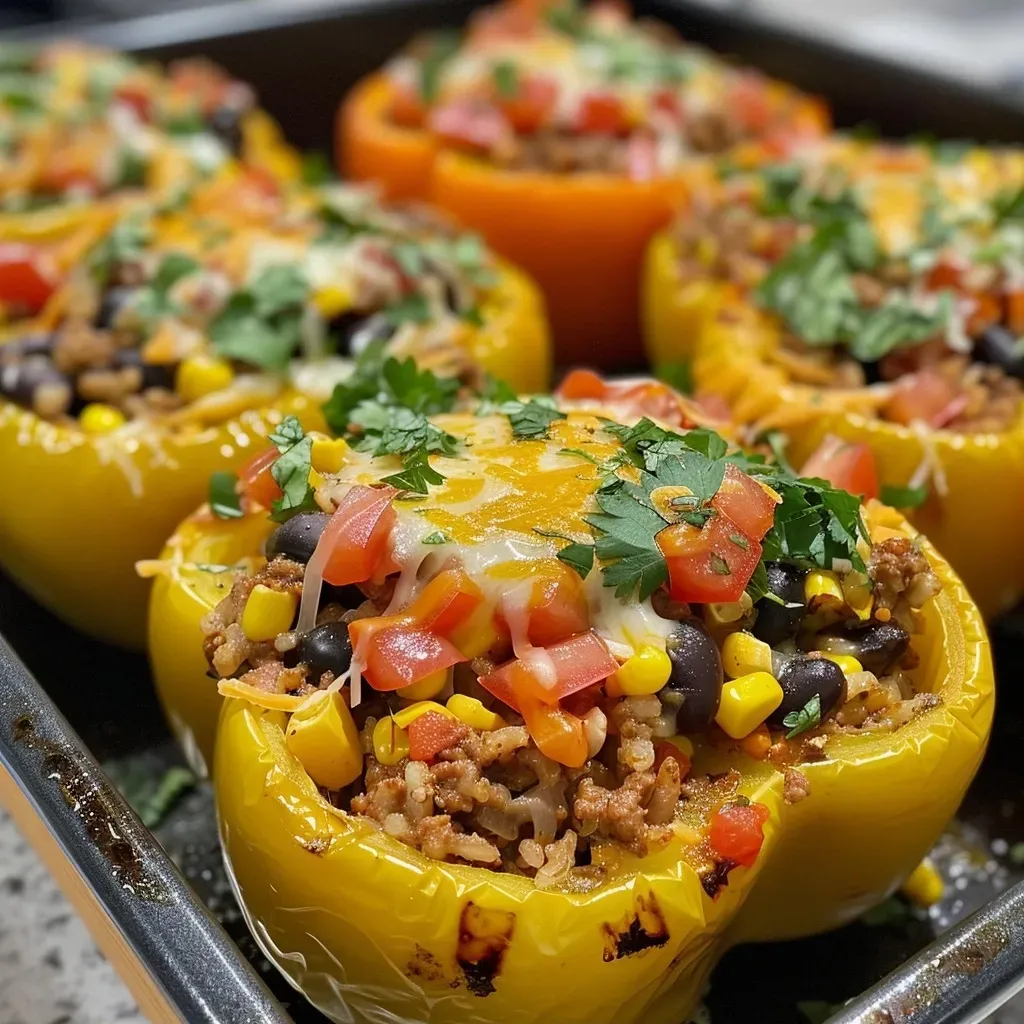 ['Close-up of vibrant Taco Stuffed Peppers, showcasing layers of ingredients.', 'Side view of juicy Taco Stuffed Peppers filled with ground beef and cheese.', 'Colorful bell peppers stuffed with taco ingredients, highlighting delicious textures.', 'Savory Taco Stuffed Peppers displaying a mix of meats, beans, and cheese.']