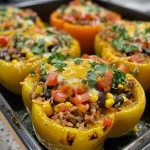 ['Close-up of vibrant Taco Stuffed Peppers, showcasing layers of ingredients.', 'Side view of juicy Taco Stuffed Peppers filled with ground beef and cheese.', 'Colorful bell peppers stuffed with taco ingredients, highlighting delicious textures.', 'Savory Taco Stuffed Peppers displaying a mix of meats, beans, and cheese.']
