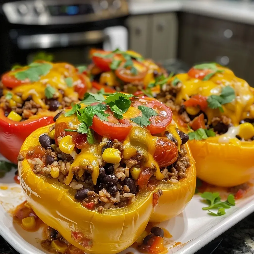 ['Close-up view of taco stuffed peppers filled with ground beef, beans, and cheese.', 'Side angle of colorful bell peppers stuffed with taco ingredients and melted cheese.', 'Juicy taco stuffed peppers arranged on a plate, showcasing vibrant colors and textures.', 'A detailed shot of bell peppers overflowing with a savory taco filling.']