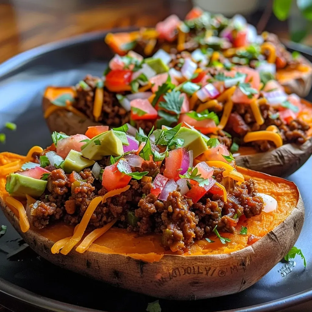 ['Close-up of taco stuffed sweet potatoes topped with cheese, tomatoes, and avocado.', 'Side view of a vibrant taco stuffed sweet potato with fresh garnishes.', 'Juicy taco stuffed sweet potatoes on a plate with colorful toppings.', 'Sliced taco stuffed sweet potatoes showcasing savory filling and toppings.']