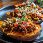 ['Close-up of taco stuffed sweet potatoes topped with cheese, tomatoes, and avocado.', 'Side view of a vibrant taco stuffed sweet potato with fresh garnishes.', 'Juicy taco stuffed sweet potatoes on a plate with colorful toppings.', 'Sliced taco stuffed sweet potatoes showcasing savory filling and toppings.']