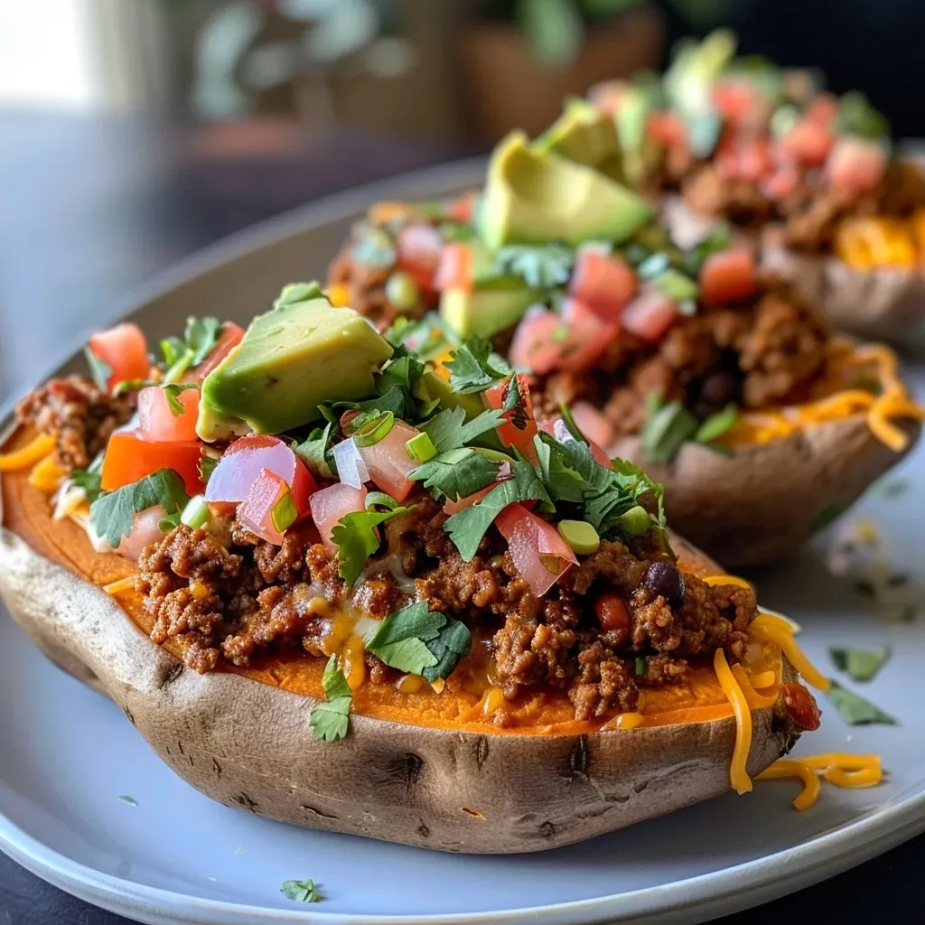 ['Close-up of taco stuffed sweet potatoes topped with cheese, tomatoes, and avocado.', 'Side view of a vibrant taco stuffed sweet potato with fresh garnishes.', 'Juicy taco stuffed sweet potatoes on a plate with colorful toppings.', 'Sliced taco stuffed sweet potatoes showcasing savory filling and toppings.']