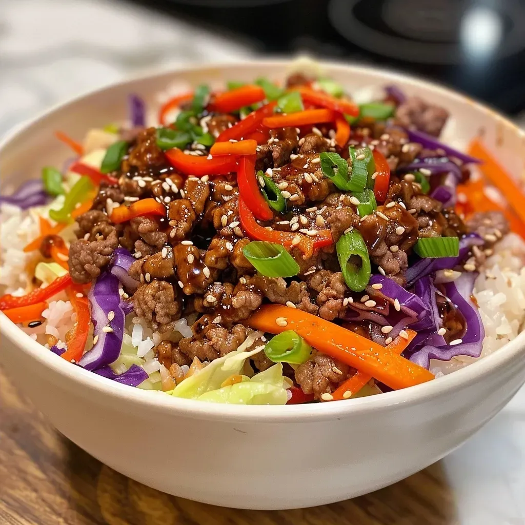 Close-up of a Teriyaki Beef Bowl featuring sliced beef, colorful vegetables, and rice.