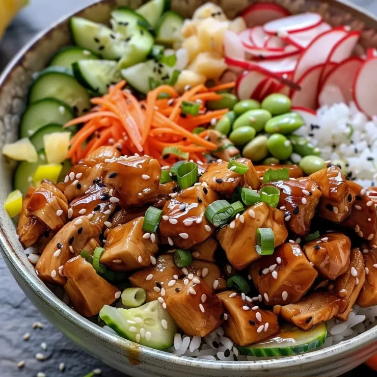 ['A close-up view of a Teriyaki Chicken Poke Bowl showcasing vibrant ingredients.', 'Side angle of a colorful Teriyaki Chicken Poke Bowl filled with fresh vegetables and chicken.', 'Juicy Teriyaki Chicken served over sushi rice with assorted toppings in a bowl.', 'A vibrant Teriyaki Chicken Poke Bowl featuring slices of cucumber, pineapple, and edamame.']