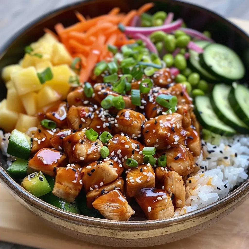 ['A close-up view of a Teriyaki Chicken Poke Bowl showcasing vibrant ingredients.', 'Side angle of a colorful Teriyaki Chicken Poke Bowl filled with fresh vegetables and chicken.', 'Juicy Teriyaki Chicken served over sushi rice with assorted toppings in a bowl.', 'A vibrant Teriyaki Chicken Poke Bowl featuring slices of cucumber, pineapple, and edamame.']