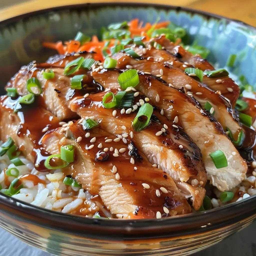 ['Close-up of a Teriyaki Chicken Rice Bowl with cooked chicken, rice, and garnish.', 'Side view of a Teriyaki Chicken Rice Bowl, showcasing cubed chicken and colorful veggies.', 'Juicy Teriyaki Chicken served over rice in a bowl, garnished with sesame seeds and green onions.', 'Detailed view of a Teriyaki Chicken Rice Bowl, highlighting the chicken breast and sauce.']