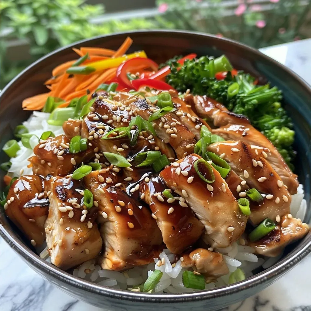 ['Close-up of a Teriyaki Chicken Rice Bowl with cooked chicken, rice, and garnish.', 'Side view of a Teriyaki Chicken Rice Bowl, showcasing cubed chicken and colorful veggies.', 'Juicy Teriyaki Chicken served over rice in a bowl, garnished with sesame seeds and green onions.', 'Detailed view of a Teriyaki Chicken Rice Bowl, highlighting the chicken breast and sauce.']