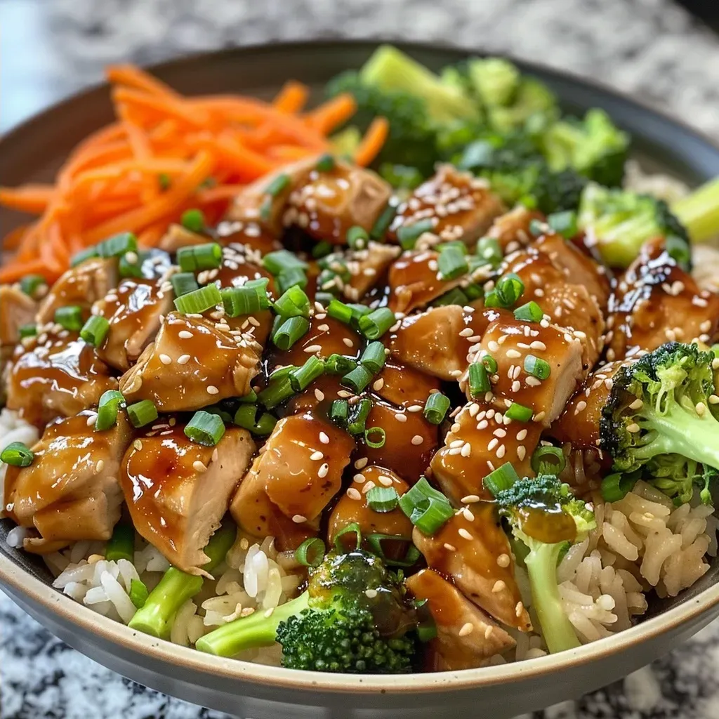 ['Close-up of a Teriyaki Chicken Rice Bowl with chicken, broccoli, and carrots.', 'Side view of a juicy Teriyaki Chicken Rice Bowl on a white background.', 'A delicious Teriyaki Chicken Rice Bowl featuring tender chicken and vibrant vegetables.', 'Delicious Teriyaki Chicken Rice Bowl garnished with green onions and sesame seeds.']