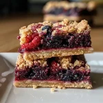 ['Close-up view of Triple Berry Crumb Bars with a golden crumb topping and visible berries.', 'Side angle photo of delectable Triple Berry Crumb Bars showcasing a crumbly crust and mixed berries.', 'Juicy Triple Berry Crumb Bars with a textured topping and colorful blueberries, raspberries, and blackberries.', 'Delicious slice of Triple Berry Crumb Bars highlighting the vibrant berry filling and crumbly layer.']