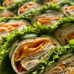 ['A close-up view of Turkey Cheddar Lunch Roll Ups with vibrant cucumber strips.', 'Side view of Turkey Cheddar Lunch Roll Ups showcasing layers of turkey and cheese.', 'Juicy Turkey Cheddar Lunch Roll Ups with fresh vegetables visible.', 'A detailed shot of Turkey Cheddar Lunch Roll Ups, highlighting the colorful ingredients.']